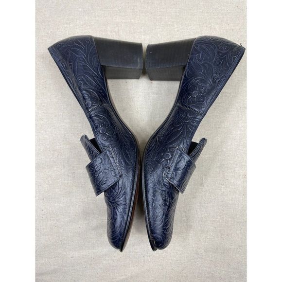 60s Vintage Black Tooled Leather Loafer with Silver Buckle and Chunky Heel Size - Picture 4 of 7